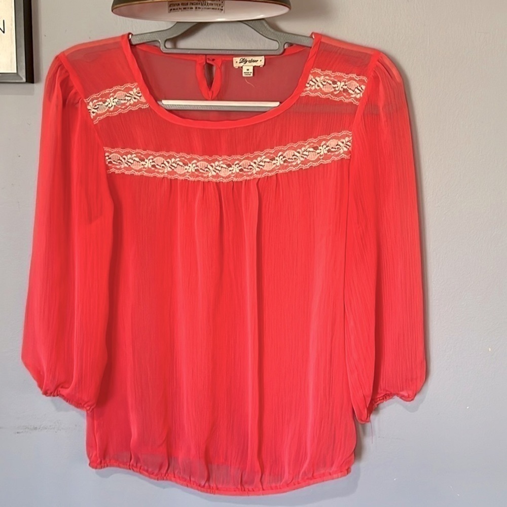 Lily Star Orange Blouse with Lace Detailing Size Medium